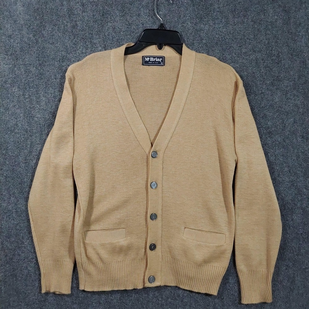 Vintage McBriar Sweater Mens Small Beige Acrylic V Neck Cardigan‎ Knit USA